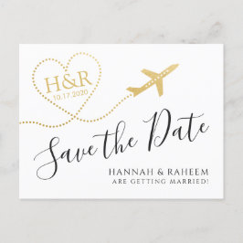 Postal De Anuncios Avión con fecha de ahorro de boda de destino de co