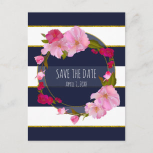 Postal De Anuncios Azul Blanco y Dorado Moderno Floral Guardar la Fec