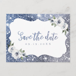 Postal De Anuncios Azul brillante glitter plateado floral guardar la