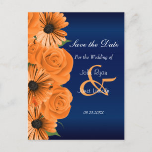 Postal De Anuncios Azul con Rosa Naranja y margarita - Guardar la fec