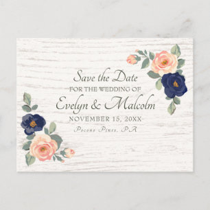 Postal De Anuncios Azul de la Marina Rusa, Boda Floral Peach