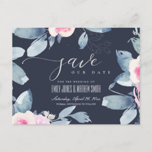 POSTAL DE ANUNCIOS AZUL FLORAL ACUARELA BLUSH MARINA GUARDAR LA FECHA