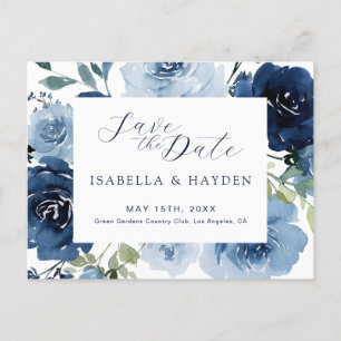 Postal De Anuncios Azul Marino Azul Polvoriento Floral Boda Guardar l