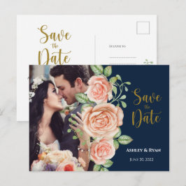 Postal De Anuncios Azul Marino Dorado Floral Save the Date