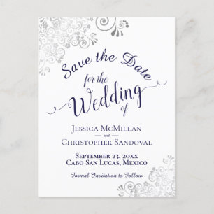 Postal De Anuncios Azul Marino Encaje Boda Plata Save the Date Blanco