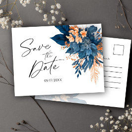 Postal De Anuncios Azul Marino Floral Elegante Boda Salvar la Fecha