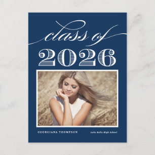 Postal De Anuncios Azul Marino Vintage Clase de 2026 Foto Graduación