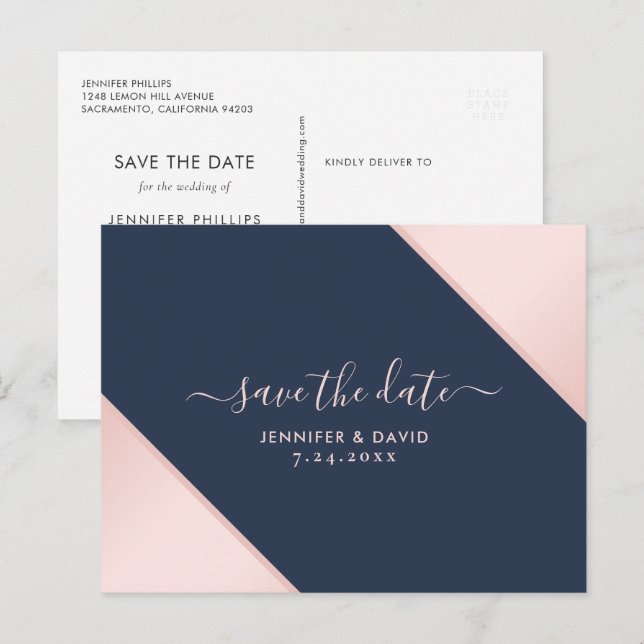 Postal De Anuncios Azul marino y matrimonio Rubor Salven la fecha (Anverso / Reverso)