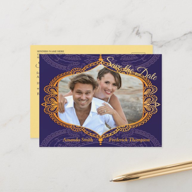Postal De Anuncios Azul Marino y o Violeta con Mandalas Doradas (Anverso/Reverso In Situ)