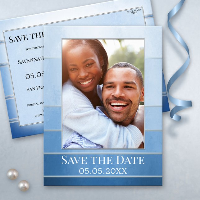 Postal De Anuncios Azul plateado a rayas Foto Guardar la fecha (Save the Date postcard featuring your own photo on a blue ton sur ton design with silver stripes)