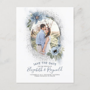 Postal De Anuncios Azul Polvo y Foto Plata Save the Date