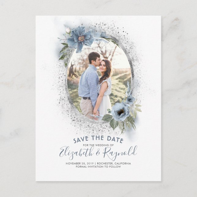 Postal De Anuncios Azul Polvo y Foto Plata Save the Date (Anverso)