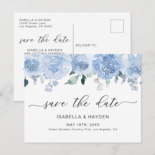 Postal De Anuncios Azul Polvoriento Pastel Floral Ligero Boho Guardar (Anverso / Reverso)