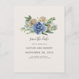 Postal De Anuncios Azul polvoriento y floral rústico de marfil, salva