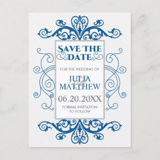 Postal De Anuncios Azul Real Vintage Remolinos Boda Save The Date