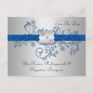 Postal De Anuncios Azul y Plata Monograma Floral Remolinos Guardar El