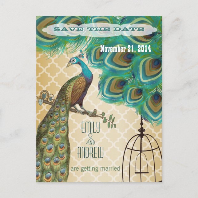 Postal De Anuncios Azulejo Marroquí Dorado Jaula de Pájaros Pavo Real (Anverso)
