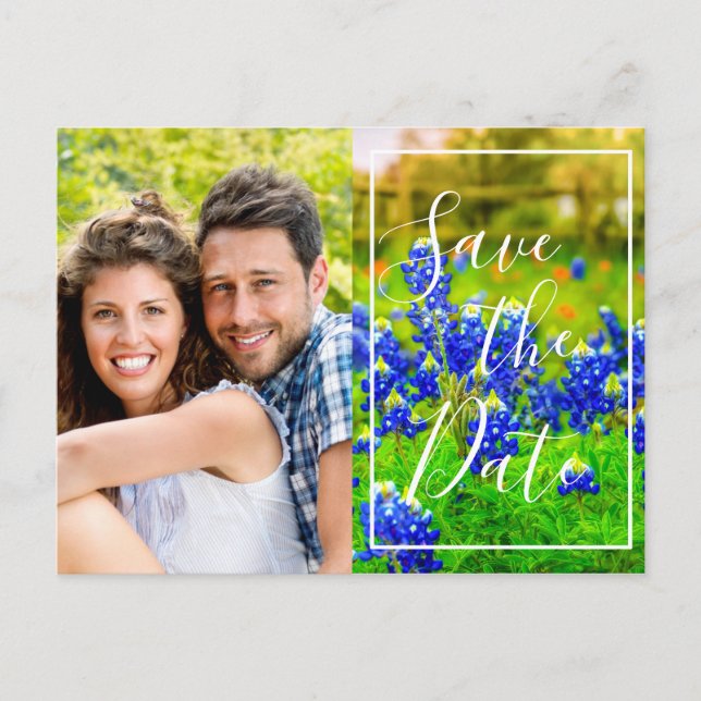 Postal De Anuncios Azules Elegantes de Primavera Foto Guardar la Fech (Anverso)