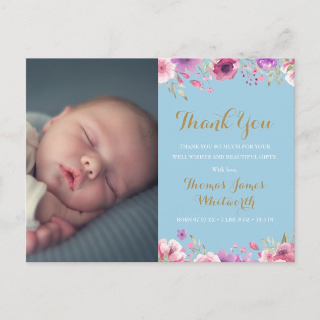 Postal De Anuncios Baby Boy Floral Script Photo You Birth (Anverso)