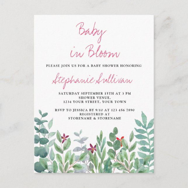 Postal De Anuncios Baby en floración Eucalipto Verde Baby Shower  (Anverso)