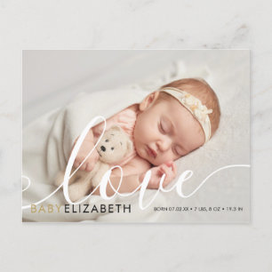 Postal De Anuncios Baby Photo elegante Script Gold Love Hearts Nacimi