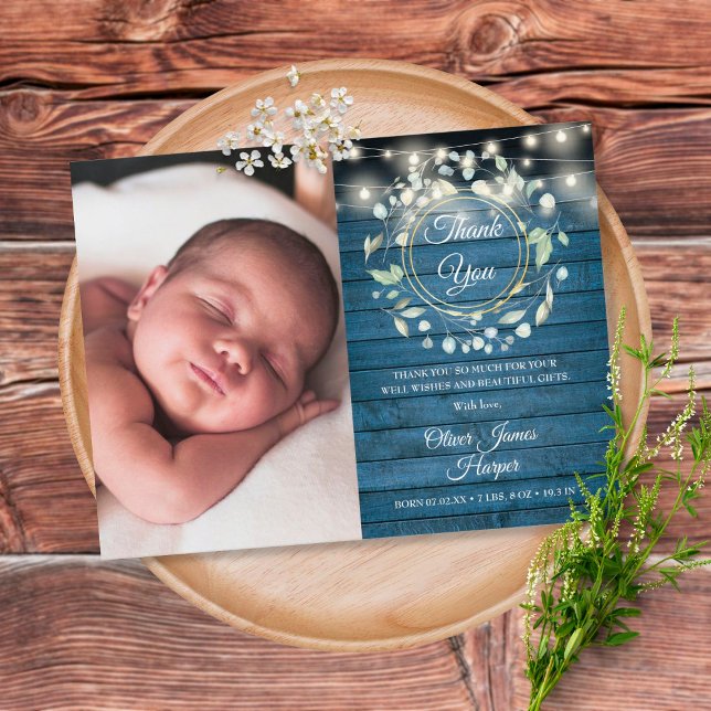 Postal De Anuncios Baby Photo Greenery Rustic Blue Thank You Birth (Subido por el creador)
