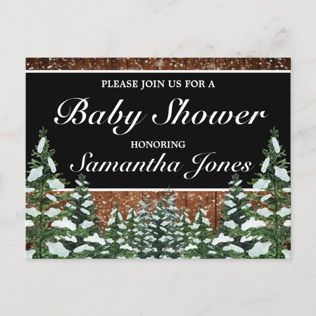 Postal De Anuncios Baby Shower Black Snowy Wood & Forest Pine (Anverso)