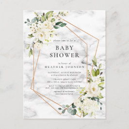 Postal De Anuncios Baby Shower de Floral blanca geométrica de mármol