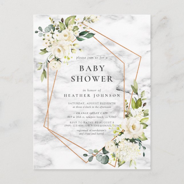 Postal De Anuncios Baby Shower de Floral blanca geométrica de mármol  (Anverso)