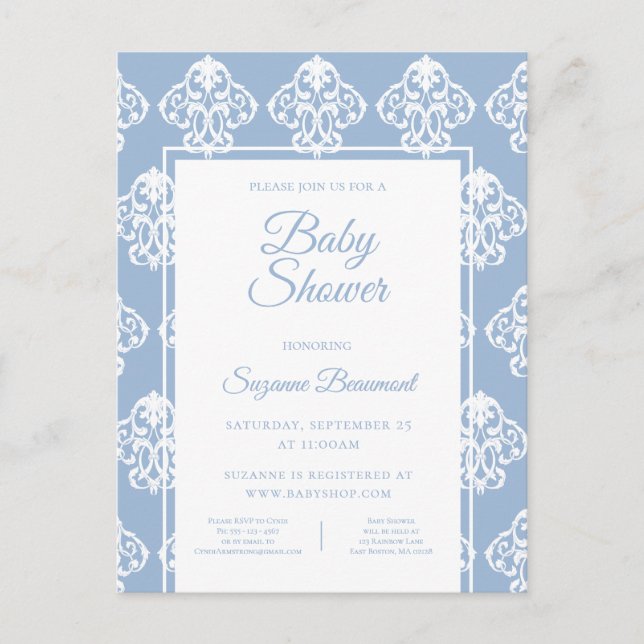 Postal De Anuncios Baby Shower moderno Boho Dusky Blue White (Anverso)