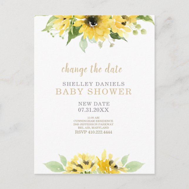 Postal De Anuncios Baby Shower moderno girasol cambia la fecha (Anverso)