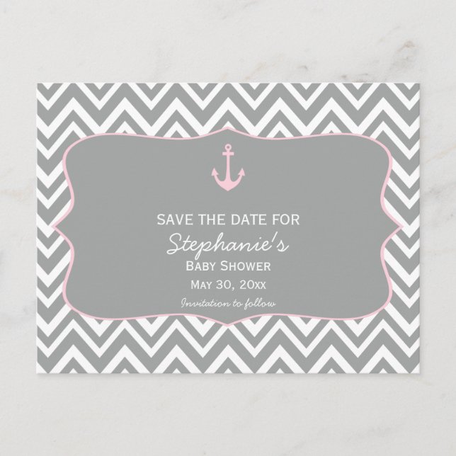 Postal De Anuncios Baby Shower náutico de Chevron rosa gris y pastel (Anverso)