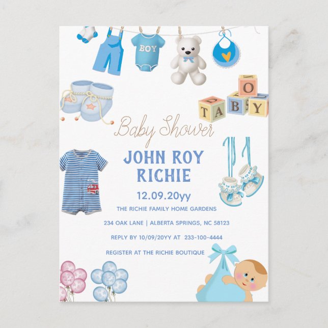 Postal De Anuncios Baby Shower | Niño Azul (Anverso)