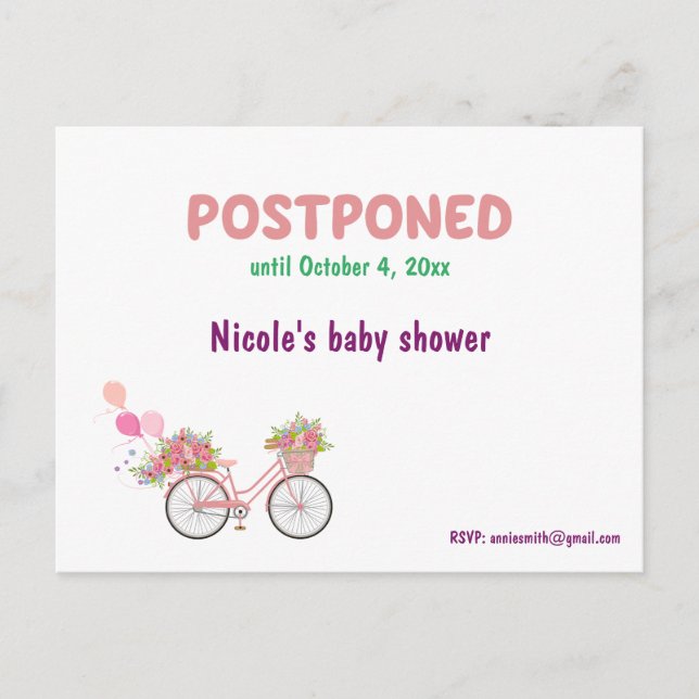 Postal De Anuncios Baby Shower pospuesto con fecha de reprogramación  (Anverso)