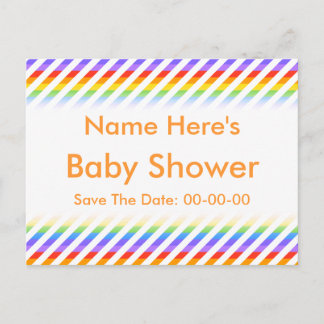 Postal De Anuncios Baby Shower. Rayas con colores arcoiris.