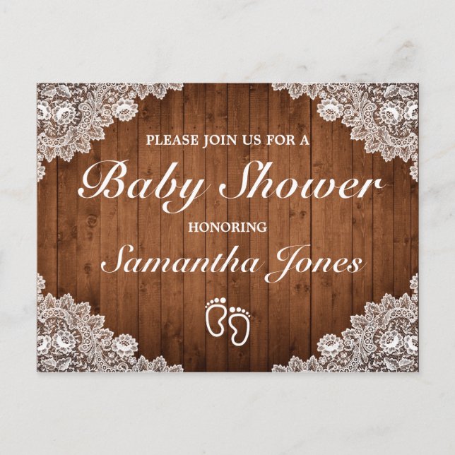 Postal De Anuncios Baby Shower Rustic Wood & White Lace (Anverso)