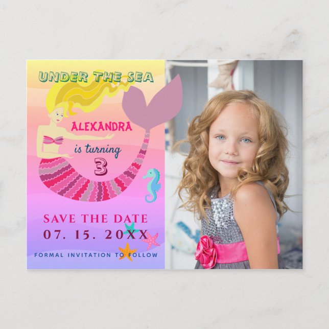 Postal De Anuncios Bajo El Mar Pink Mermaid Cumpleaños Salven La Fech (Anverso)