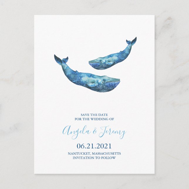 Postal De Anuncios Ballena azul acuarela salvar la fecha (Anverso)