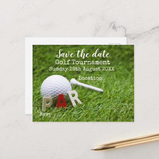 Postal De Anuncios Balón de golf en verde salva la fecha para el golf (Anverso/Reverso In Situ)