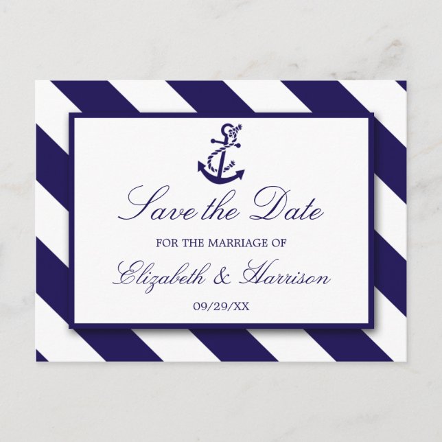 Postal De Anuncios Banda Náutica y Anclaje Azul Navy Salven La Fecha (Anverso)