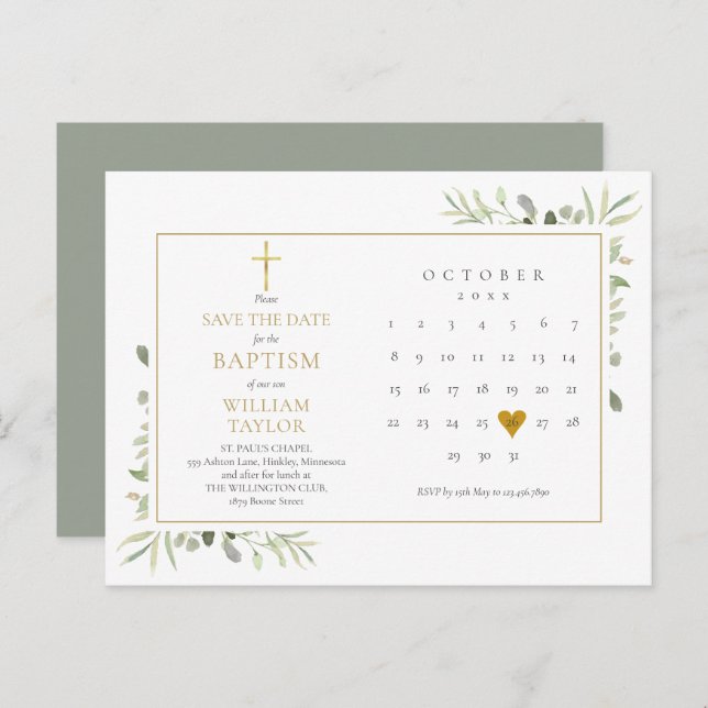 Postal De Anuncios Baptismo Christening Green Save the Date (Anverso / Reverso)