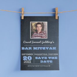Postal De Anuncios Bar Mitzvah Foto en Azul Pizarra Save the Date