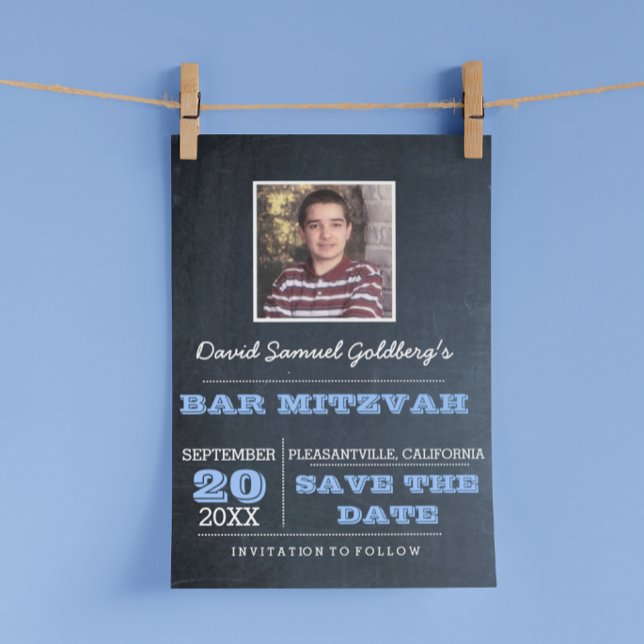 Postal De Anuncios Bar Mitzvah Foto en Azul Pizarra Save the Date (Subido por el creador)