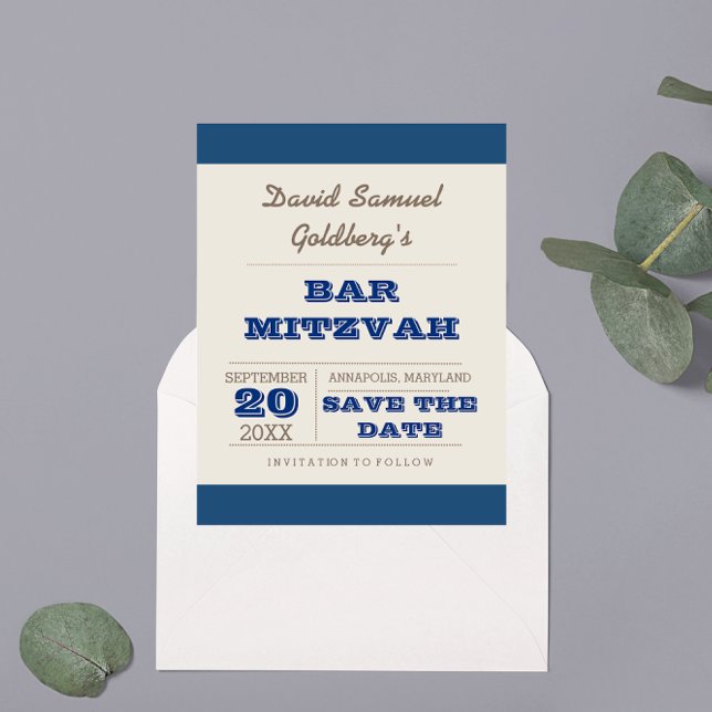 Postal De Anuncios Bar Navy Blue & Silver Mitzvah Salve la fecha (Subido por el creador)