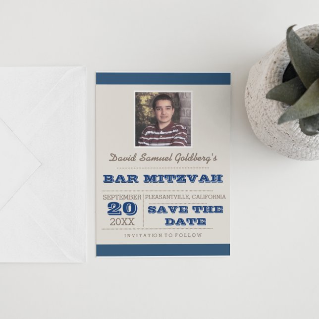 Postal De Anuncios Bar Navy Blue & Silver Mitzvah Salve la fecha (Subido por el creador)