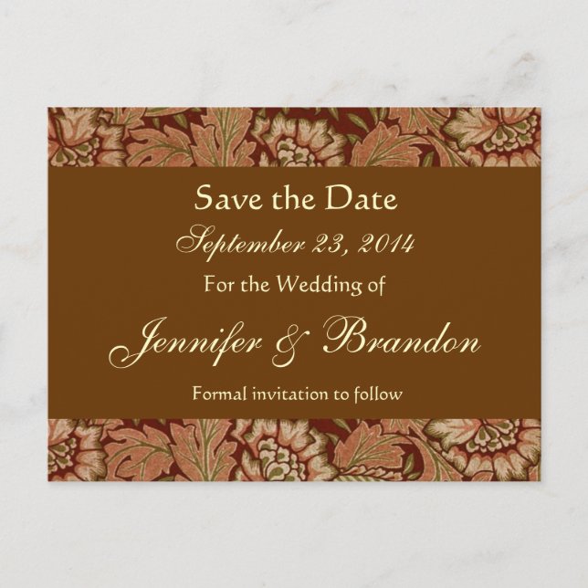 Postal De Anuncios Bark Brown Gold Damask Save The Date Postcard (Anverso)
