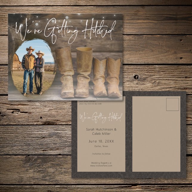 Postal De Anuncios Barn & Boots Rustic Cowboy Photo Save the Date (Barn & Boots Rustic Cowboy Photo Save the Date Announcement Postcard)
