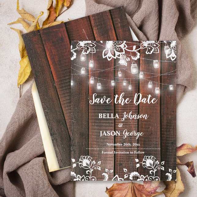 Postal De Anuncios Barn Lace Rustic Wood String Lights Wedding (Rustic Wood String Lights Wedding Announcement Postcard | Barn Lace Wood Marriage Announcement)