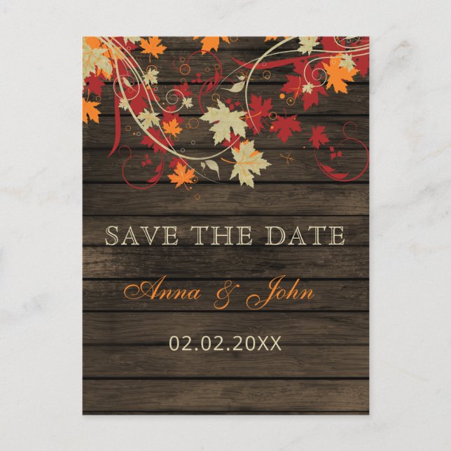 Postal De Anuncios Barn Wood Rustic Fall deja la boda ahorra la fecha (Anverso)