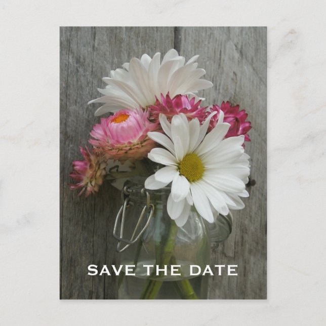Postal De Anuncios Barnwood, Daisies y Strawflowers Guarden la Fecha (Anverso)